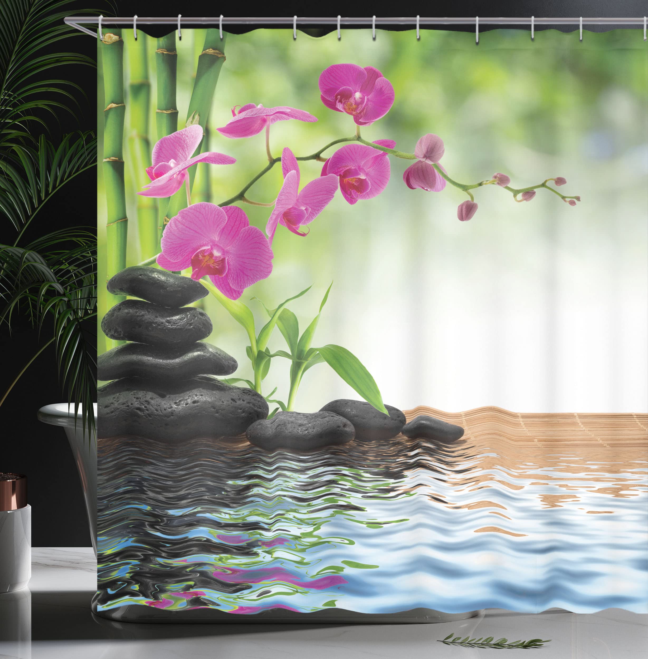 Ambesonne Orchid Shower Curtain, Greenery Composition Of Tree And Exotic Wild Fuchsia Flowers Stones, Cloth Fabric Bathroom Deco